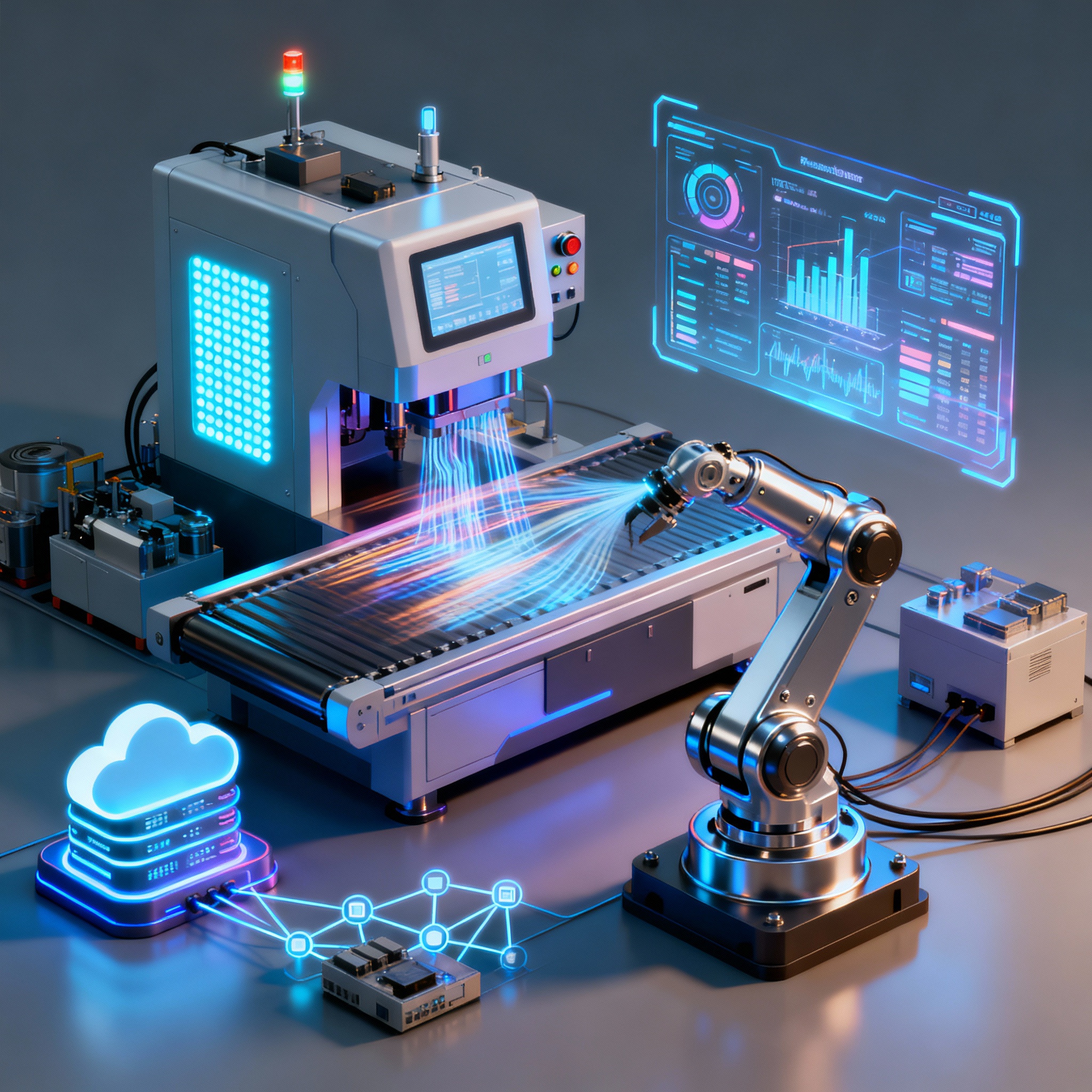 Industry 4.0 illustration showing IoT, robotics and analytics